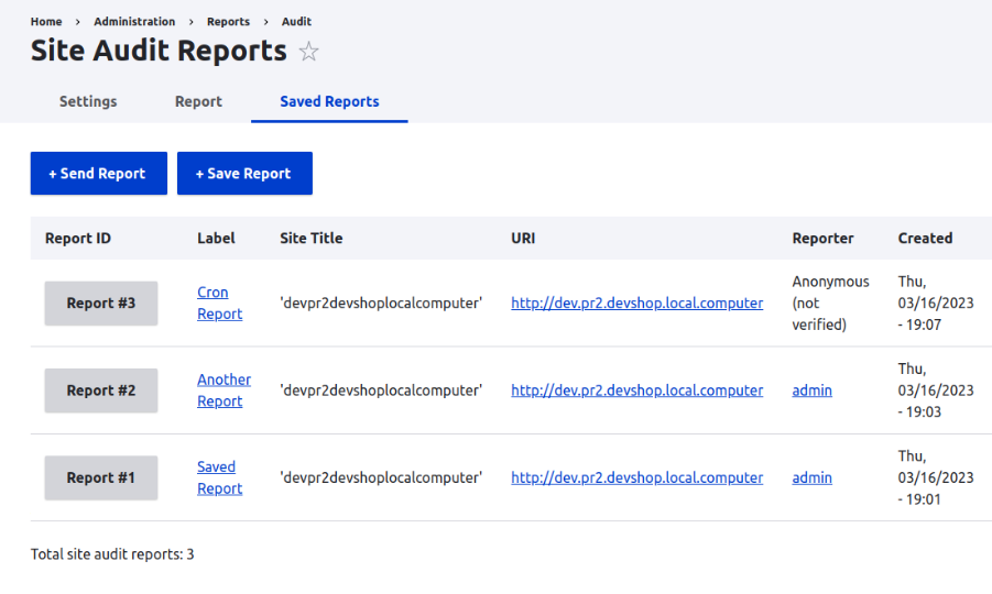 List of site audit reports.