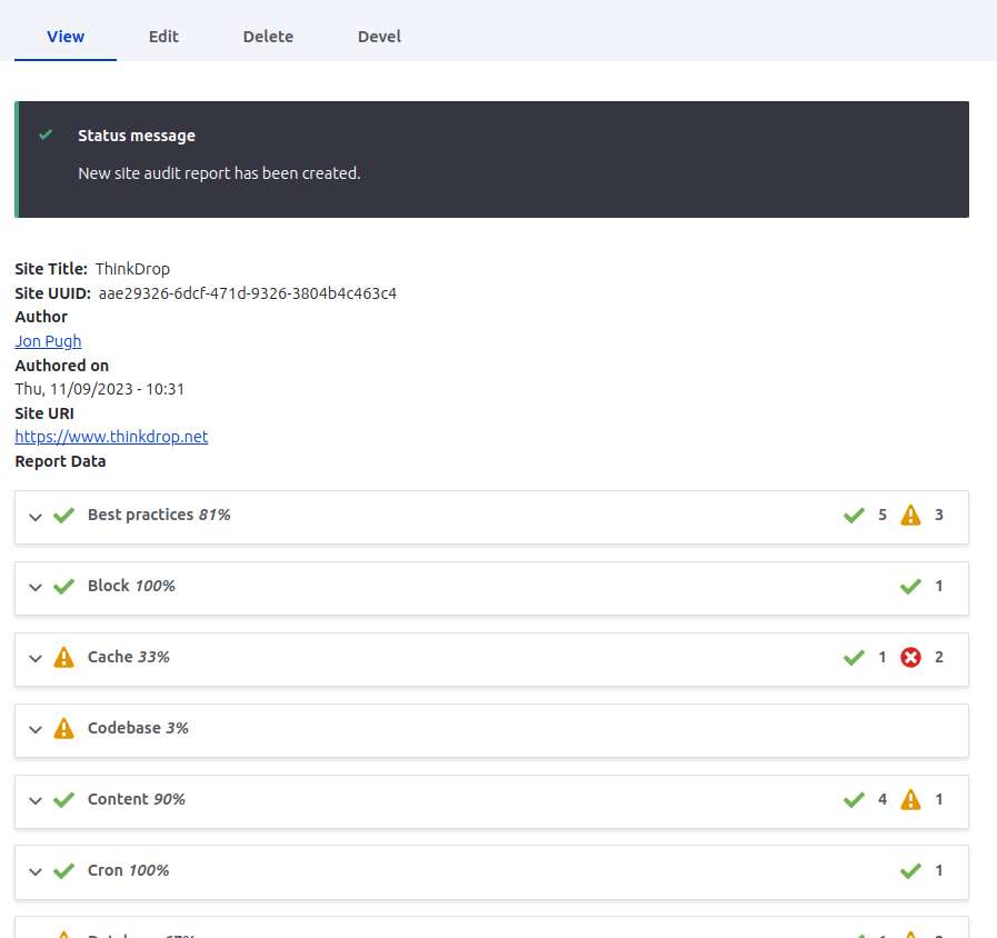 A Site Report entity right after creation.
